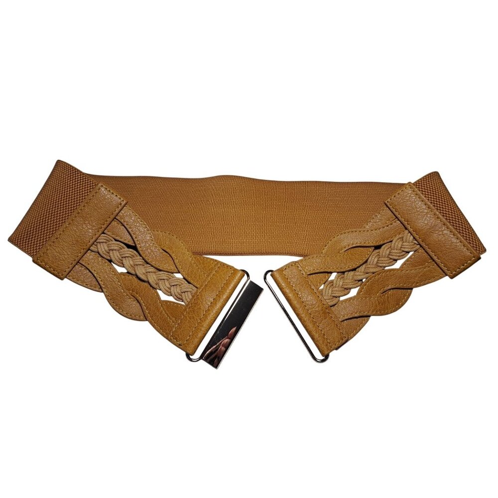 Womens Gold Elastic Waist Belt With Braided Faux Leather Accent & Metal Clasp